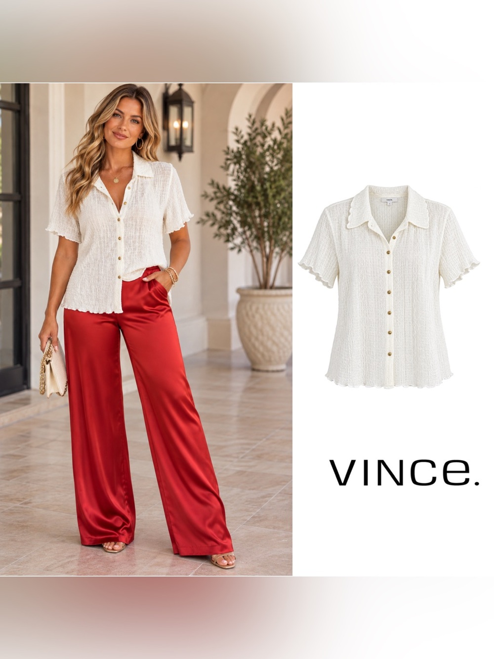 NEW Vince Shirred striped Cream Textured Short-Sleeve-Front Top